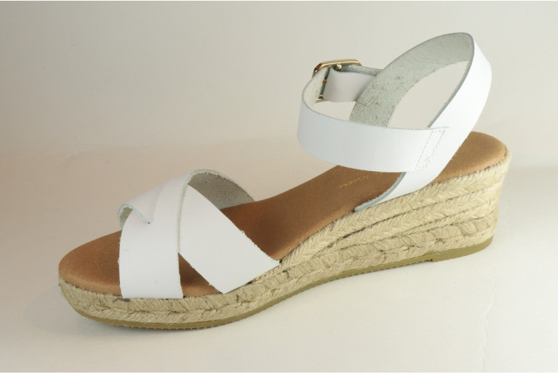 Espadrille sandale en cuir blanc nu-pieds avec talon compensé