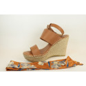 Espadrille compensée foulard imprimé et boucle