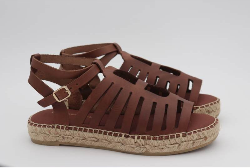 Espadrille sandale plate en cuir naturel marron