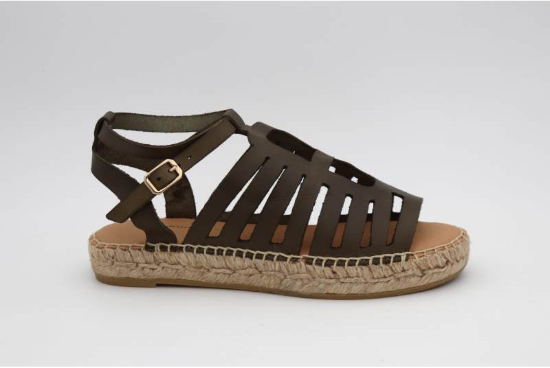 Espadrille sandale plate en cuir naturel kaki